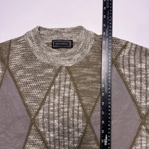 Vintage Saxony Leather Patchwork Sweater Mens Medium Chunky Knit Geometric
